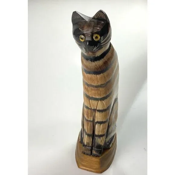 Carved Wooden Striped Cat Figurine Made in Thailand 7 in Tall Brown Black Unique - Picture 2 of 9
